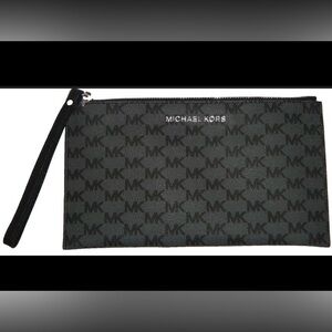 Michael Kors Black Logo Zip Pouch with Silver Tone Nameplate